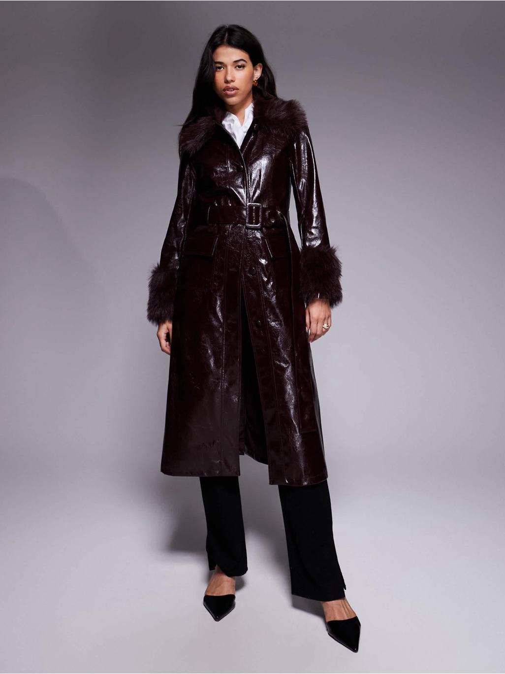 Nwt River Island Studio Faux Fur Trim Leather Trench Matrix Coat Dark Red, Sz 2